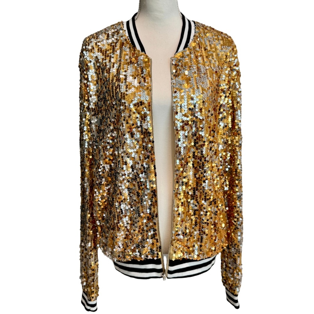 Gold Sequin Bomber Style Jacket | Sporty meets Glam! (XL) - Picture 3 of 16